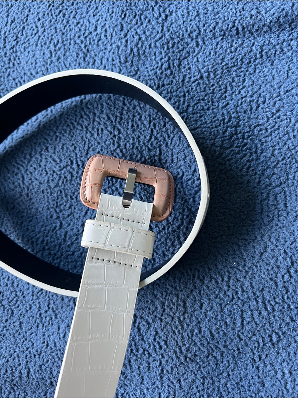 White Croc-Embossed Belt with Pink Buckle